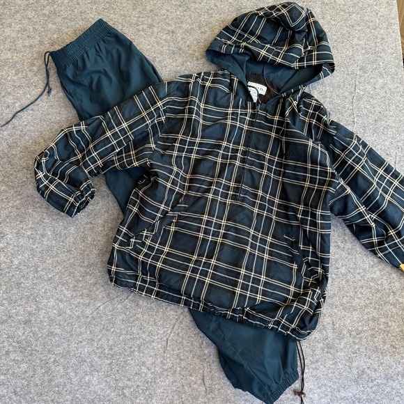 IZOD Tracksuit Womens Medium Green Plaid Hooded Windbreaker Jacket Pants Set Y2K - Picture 1 of 14